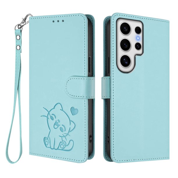 Funda de Gato tipo Libro para Samsung Galaxy S24 Ultra, Verde Claro
