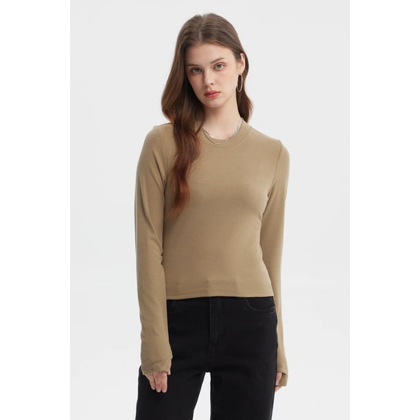 Polera Mujer Rib Abertura Puño Verde Olivo