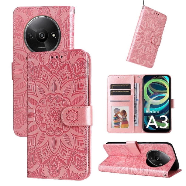 Funda tipo cartera FOXDOCK para Xiaomi Redmi A3 , diseño girasol en relieve, cuero PU, cierre magnético, soporte y tarjetero