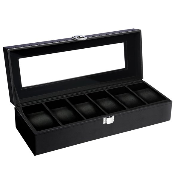 Caja de Relojes Uten de 6 Compartimentos con Tapa de Vidrio Todo Negro