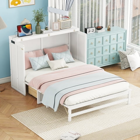 M&Ms - Murphy Bed Cabinet Full With Storage Drawer And Charging Station, Usb Port, Solid Pine Murphy Bedframe For Home Office, Studio Or Guest Room,White