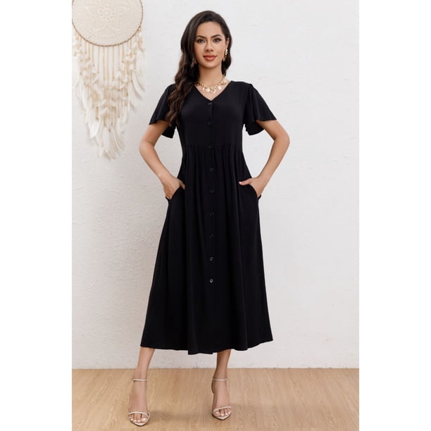 Vestido Largo Mujer Manga Corta Primavera Botones Cuello V 3340
