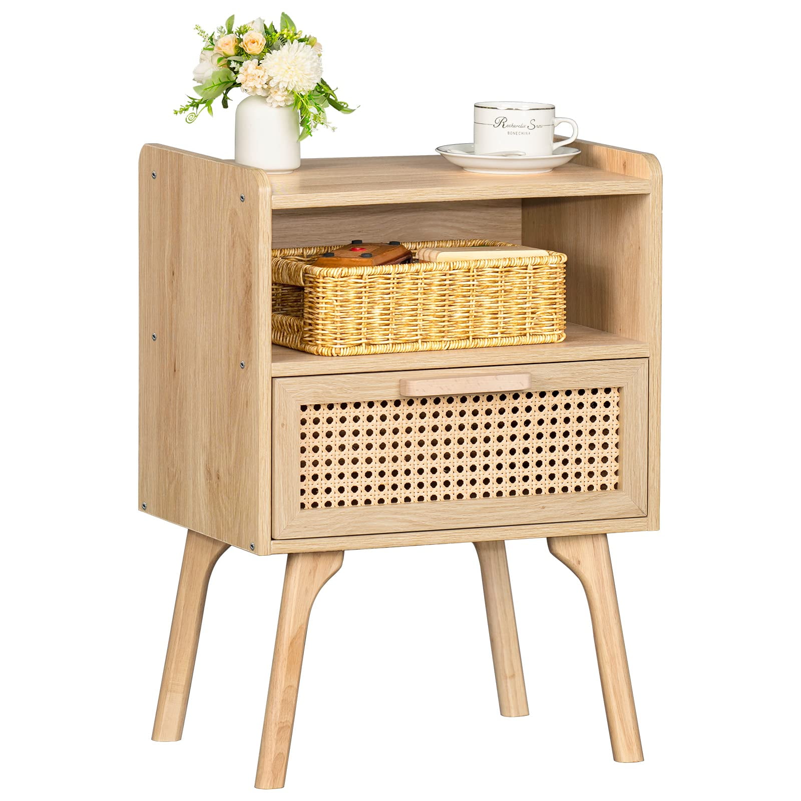 Mesita De Noche De Ratán Lerliuo Boho Con Cajón Abierto, Diseño Natural