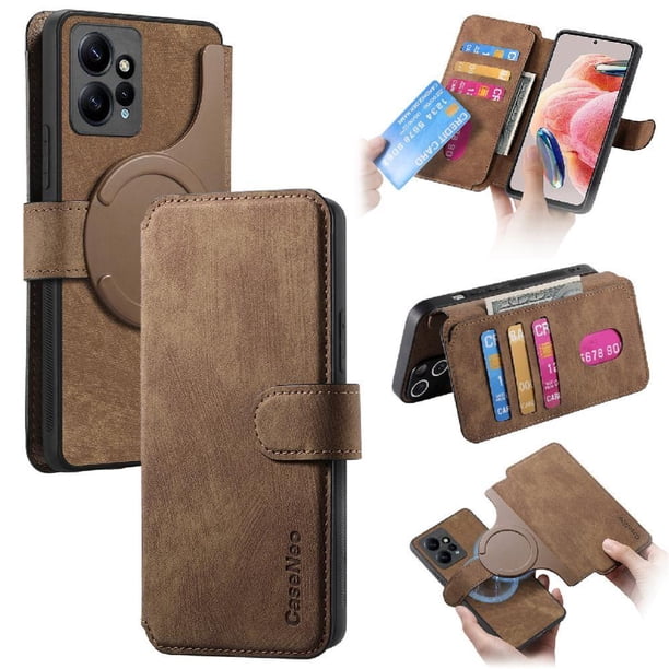 Funda Billetera Magnética para Xiaomi Redmi Note 12 4G Soporte Tarjetas Desmontable Marrón