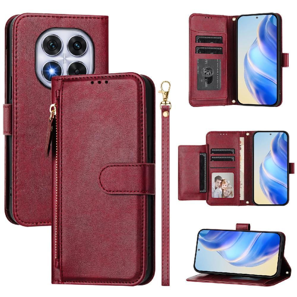 Foxdock - Funda Tipo Billetera Para Xiaomi Poco X7 Con Cremallera Portatarjetas Soporte Correa De Muñeca Cuero Rojo