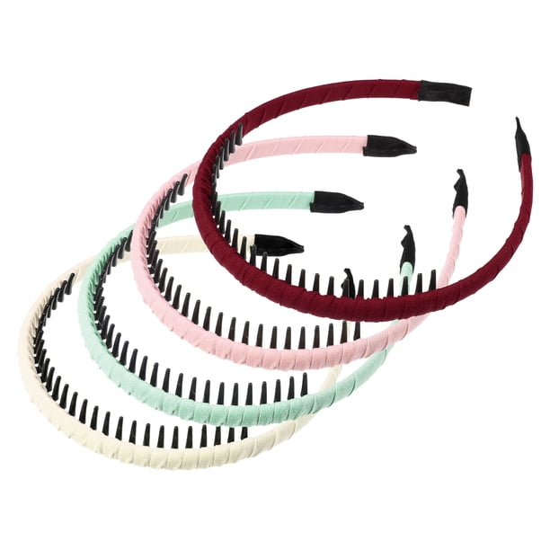 4 Diademas con Peine de Dientes para Mujeres, Bandas para el Cabello Antideslizantes, Aro para el Cabello de Damas, Rojo Vino, Beige, Rosa, Azul