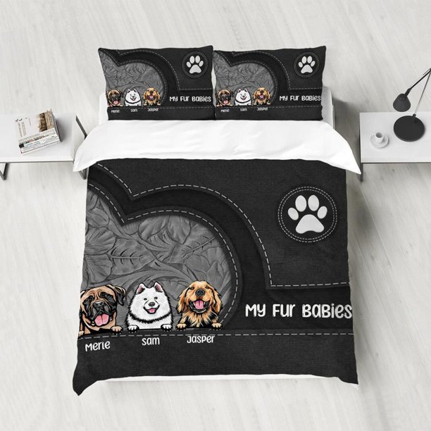 Cute Dog Pet Animal Print Navy Blue Quilt Duvet Cover Set Doona Cover3-Piece Bedding Set