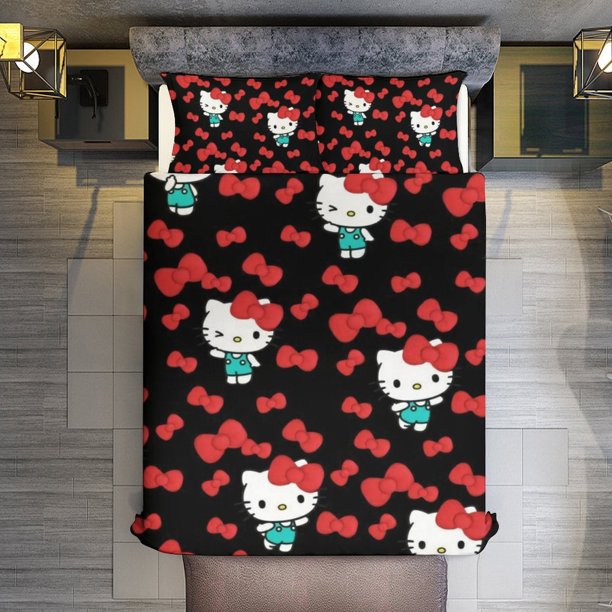 Hello Kitty Bow 3 Pieces Duvet Cover Set Full Size Super Soft Fade Resistant Microfiber