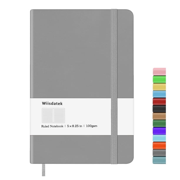 Cuaderno diario Wiisdatek, tapa dura de cuero con líneas, papel grueso de 100 g/m² y bolsillo interior para escribir y tomar notas en la oficina, la escuela, 12,7 cm × 20,96 cm (gris)