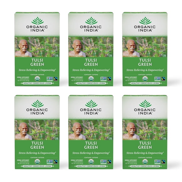 Tea Organic India Tulsi en bolsitas de té verde, 18 bolsas, 6 unidades