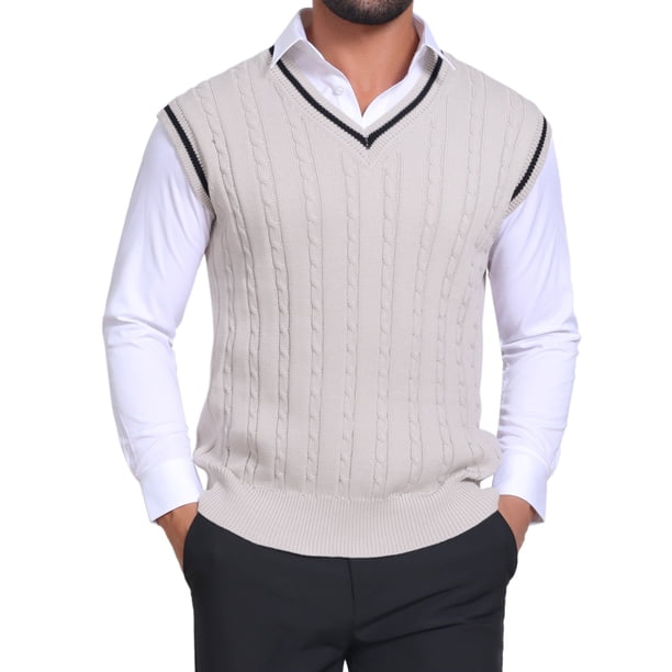 INSPIRE CHIC Chaleco de Punto Sin Mangas con Cuello en V de Color Sólido para Hombre S Beige
