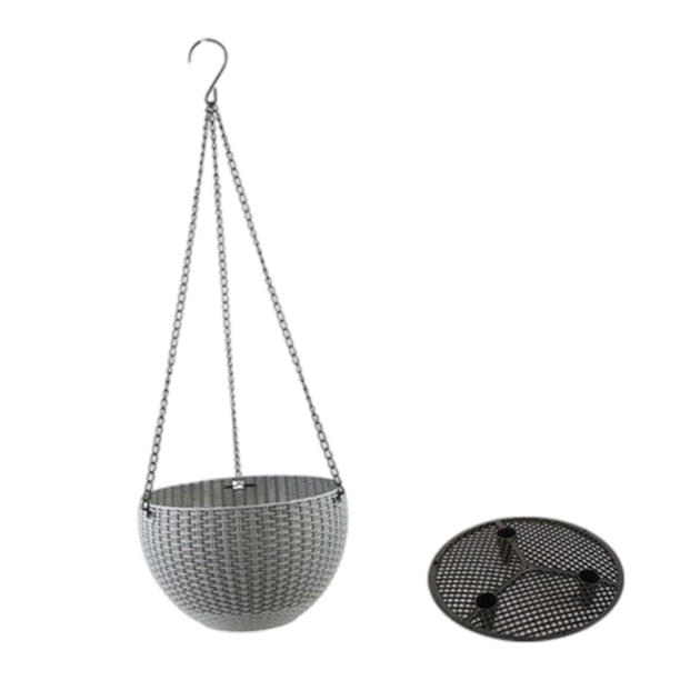 Maceta colgante, cesta para flores, contenedor de almacenamiento, depósito de agua, resina de ratán sintético PPE, adecuada para balcones, hogares, interiores y exteriores. Gris