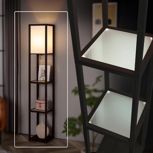 Lámpara de pie FENLO con estantes de vidrio templado y bombilla LED