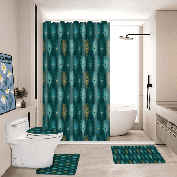 Set Juego De Baño Con Cortina Cubre Inodoro 4 Piezas