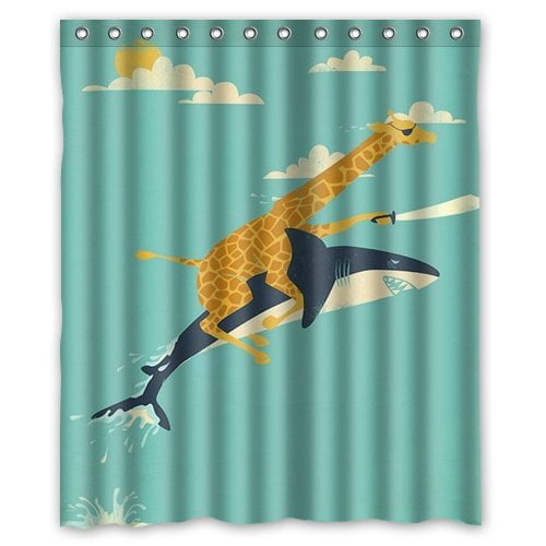 Cortina de ducha con diseño de jirafa y tiburón, "Nunca dejes de soñar", mundo submarino, juego de cortinas de baño con ganchos, tamaño 60 x 72 pulgadas