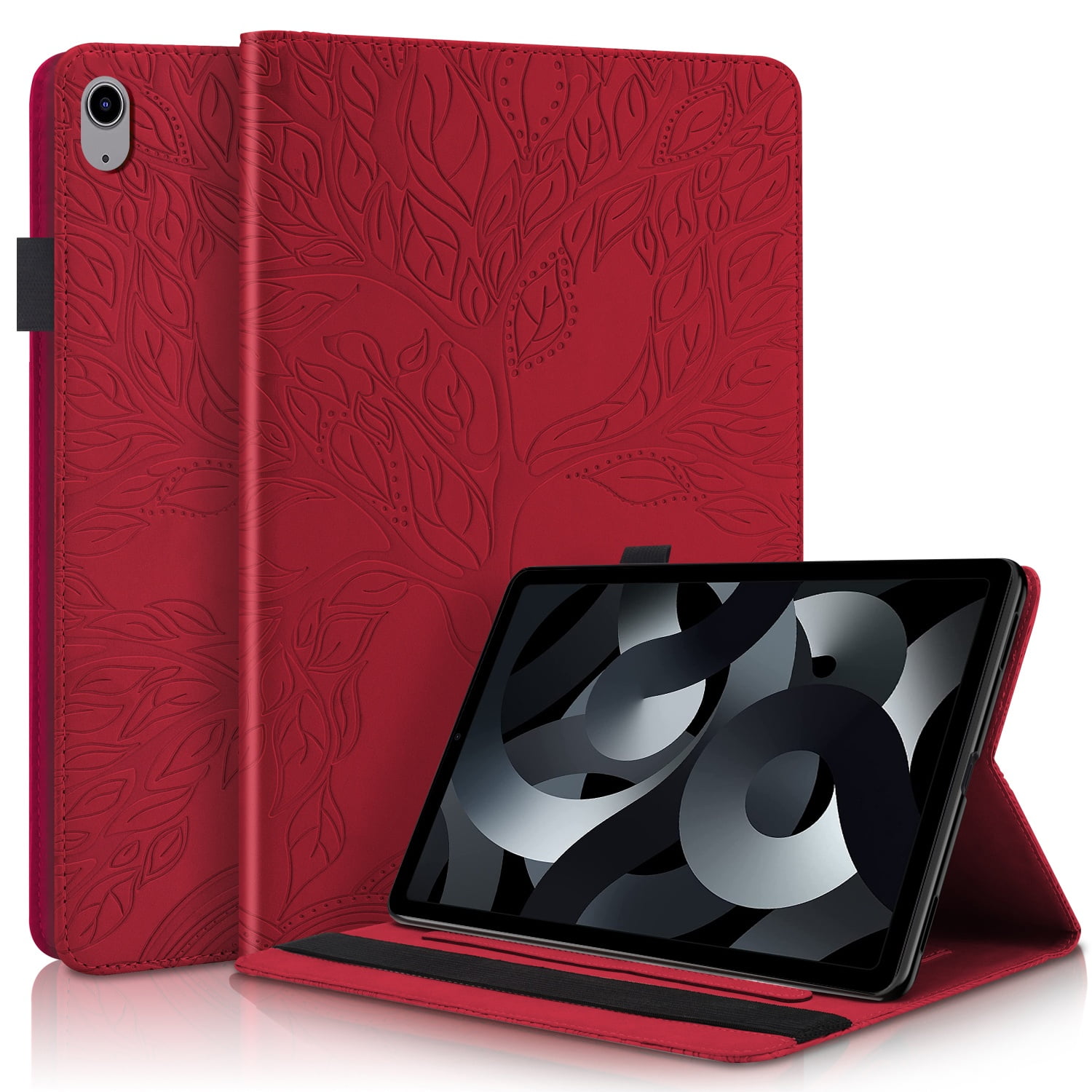 Foxdock - Funda Con Relieve Del Árbol De La Vida Para Tablet Ipad 10 2022 Con Soporte, Ranuras Para Tarjetas Y Soporte Para Lápiz Óptico. Rojo