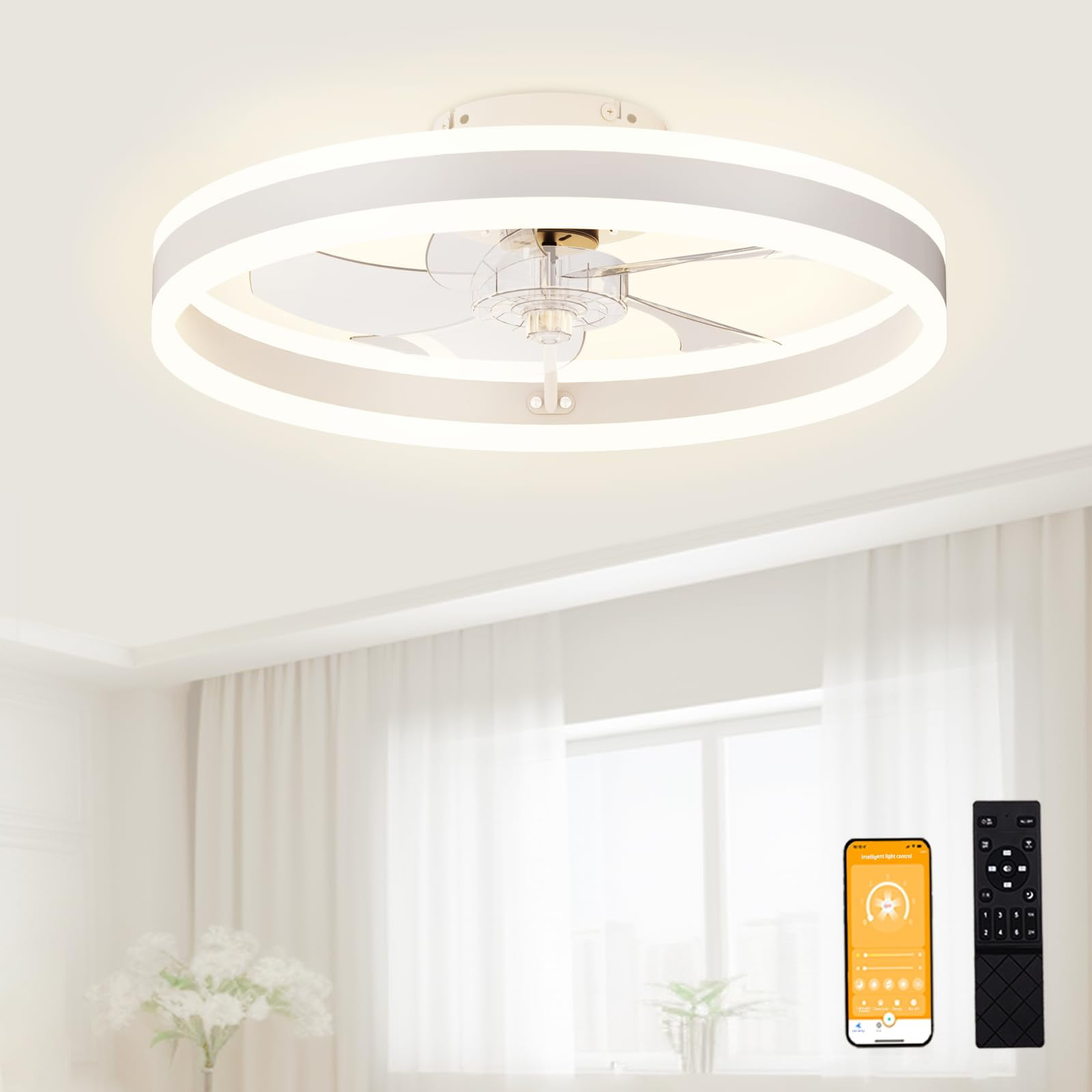 Ventilador De Techo Volisun De Perfil Bajo Con Luces De 50 Cm Con Mando A Distancia Blanco