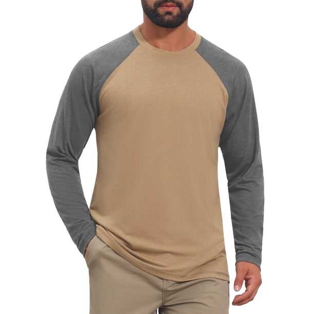 INSPIRE CHIC Camiseta de Hombre Raglán de Manga Larga Cuello Redondo Contraste Camisetas de Béisbol XL Caqui Gris