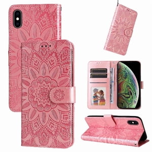 Funda Tipo Cartera Foxdock Para Iphone Xs Max , Diseño Girasol En Relieve, Cuero Pu, Cierre Magnético, Soporte Y Tarjetero
