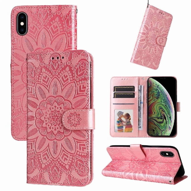 Funda tipo cartera FOXDOCK para iPhone Xs Max , diseño girasol en relieve, cuero PU, cierre magnético, soporte y tarjetero
