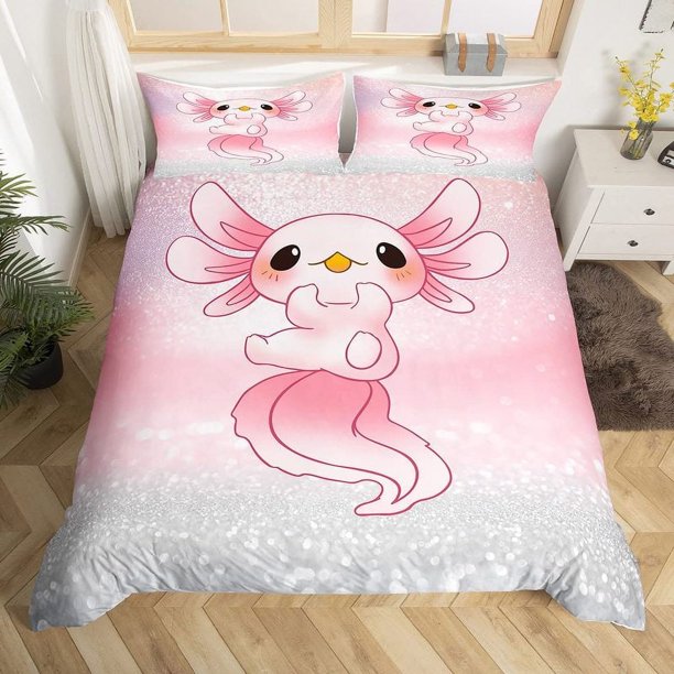 Cartoon Axolotl Duvet Cover Queen SizeSunflower Bedding Set Cute Animal Botanical Comforter Cover Watercolor Yellow Quilt Cover