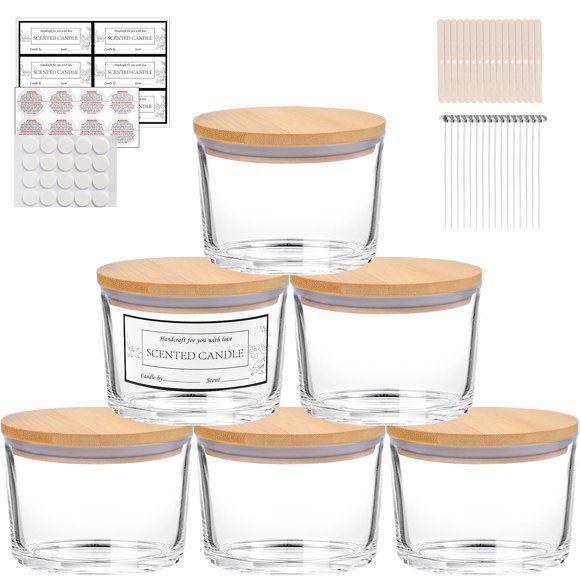 Frasco CONNOO paquete de 6, 480 ml, vidrio transparente con tapa de bambú