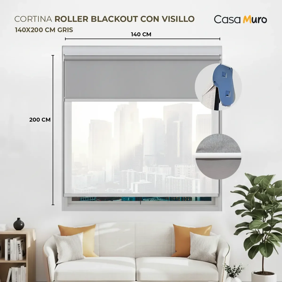 Casamuro - Cortina Roller Blackout Visillo Persiana Ventana 140x200 Cm Gris