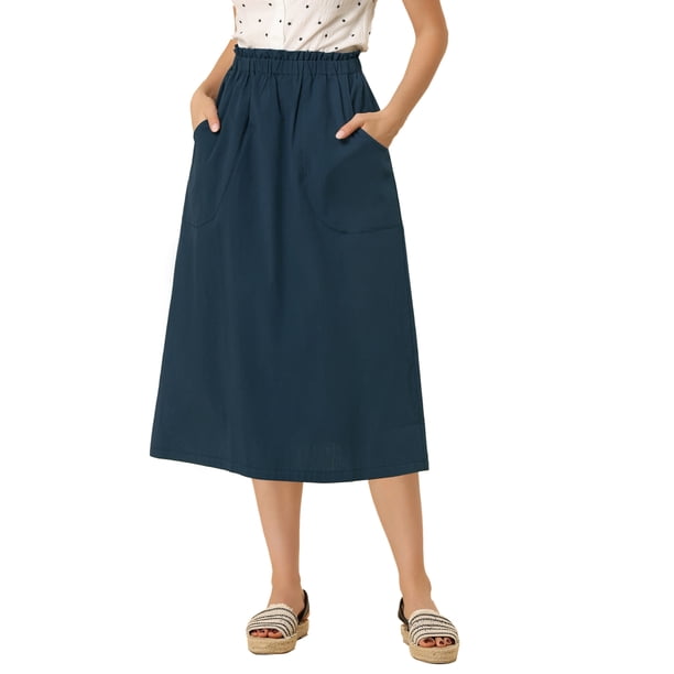 INSPIRE CHIC Falda de Algodón para Mujer Cintura Elástica Casual Campesina A-Line Midi con Bolsillos Azul Oscuro XL