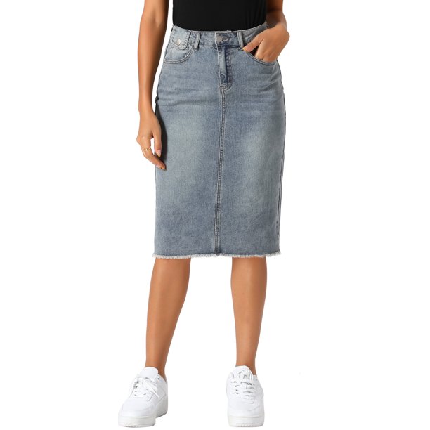INSPIRE CHIC Falda de Mezclilla de Cintura Alta para Mujer Falda de Jean de Largo a la Rodilla con Dobladillo Deshilachado y Bolsillos Gris Azul XL
