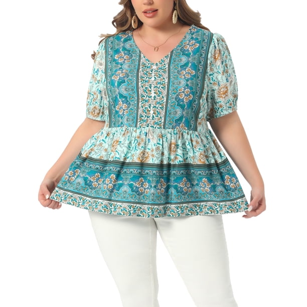 Agnes Orinda Blusas Boho de Verano con Peplum Floral para Mujer de Talla Grande con Cuello en V y Mangas Cortas de Linterna 1X Verde