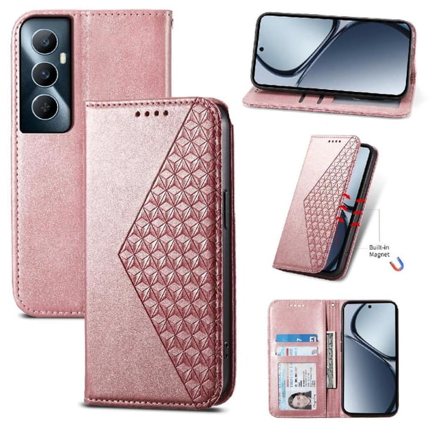 Funda Flip FOXDOCK para Realme C65 , Estilo Billetera con Diseño Rombo, Correa de Mano y Soporte, Uso Diario