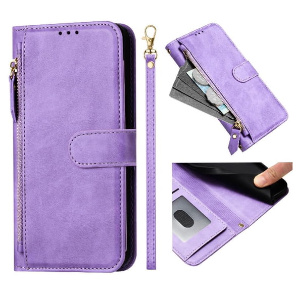 Funda Tipo Billetera para ITEL A80 4G con Cremallera Portatarjetas Soporte Correa de Muñeca Cuero púrpura