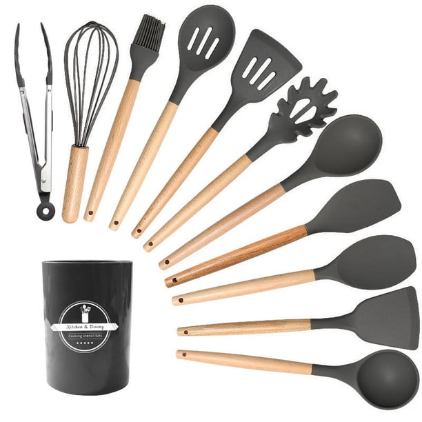 Utensilios de cocina de silicona, 12 piezas, antiadherentes y resistentes al calor, con mango de madera, color negro