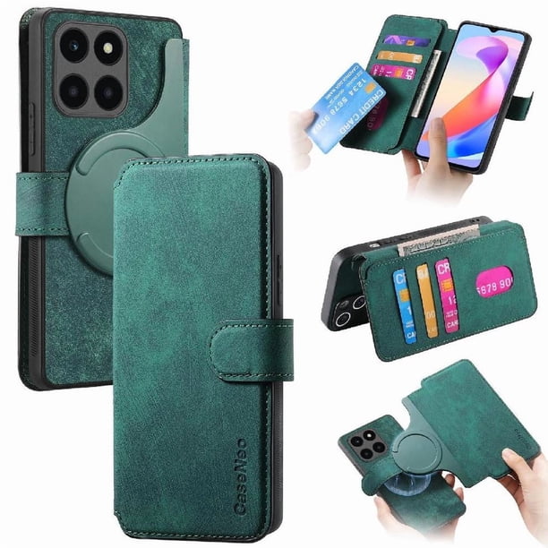 Funda Billetera Magnética para Honor X6A Soporte Tarjetas Desmontable Verde