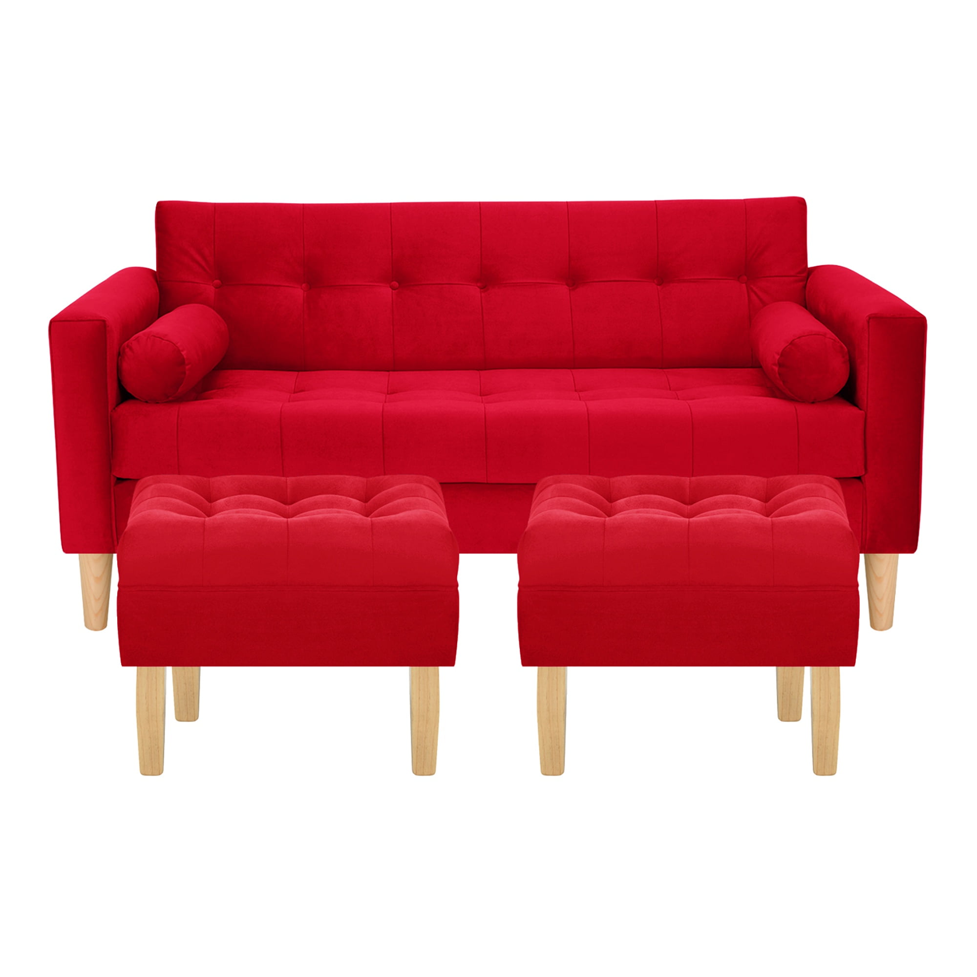Bodevir - Sofa Retro 3c + 2 Pouf Felpa 05 Rojo