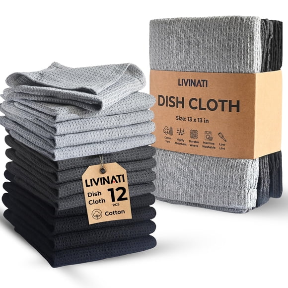 Paños de cocina LIVINATI 33 cm Tejido de gofre Pack de 12 Gris/Negro