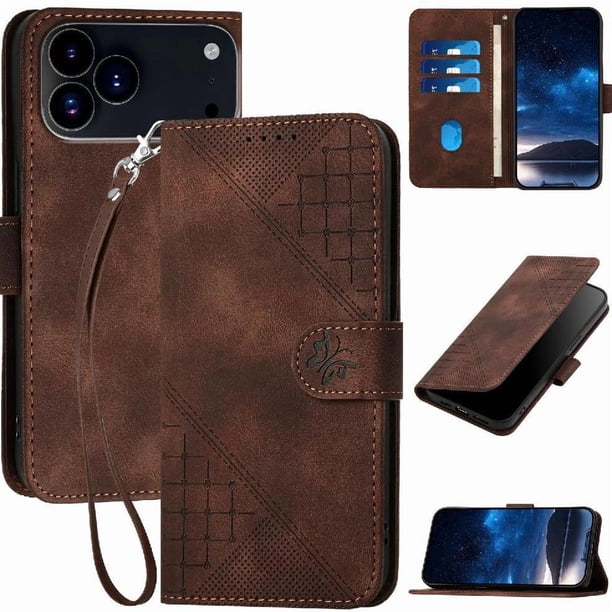 Funda Flip Premium Fibra de Carbono para iPhone 17 Pro Max con Soporte y Cierre Marrón