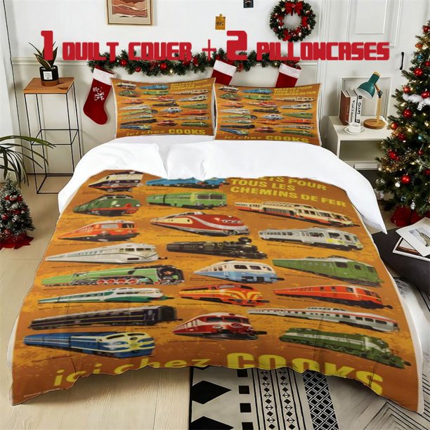 3pcs Rail Era Printed Bedding Set Soft Polyester Duvet Cover with 2 Pillowcases All Season Comfort