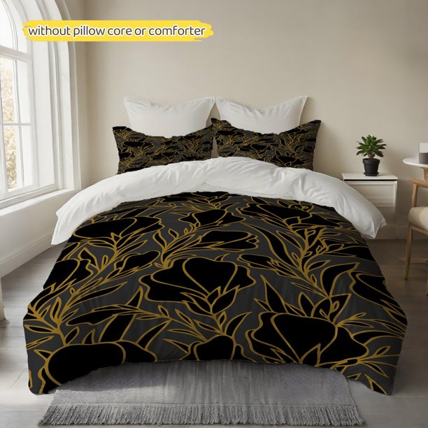 Vintage Golden Line Floral Print Duvet Cover Set Soft Fluffy 100% Polyester Duvet Cover Comfortable And Breathable Without Sweating Machine Washable for Conveni