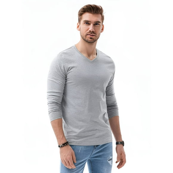 Polera Hombre Manga Larga Cuello V Gris Talla L