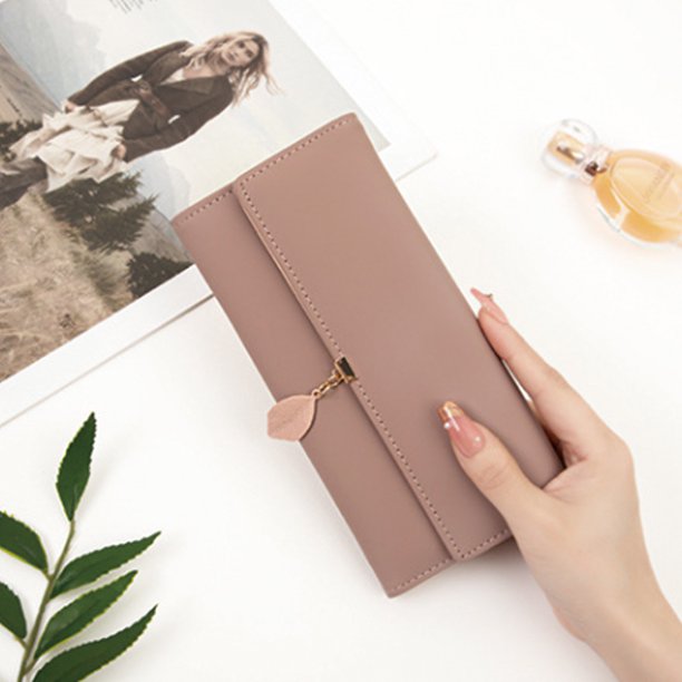 Cartera de piel vegana para mujer, con colgante de hoja RFID, tarjetero, organizador de chequera para teléfono, monedero con cremallera para niñas
