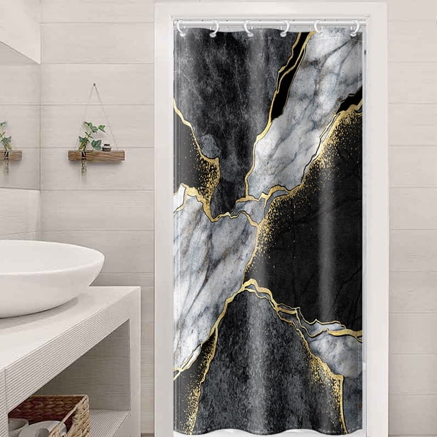 1pc Luxury Gray Golden Marble Shower Curtain Set - Waterproof, Washable, and Standard Size for Bathtub - Includes 12 Plastic Hooks