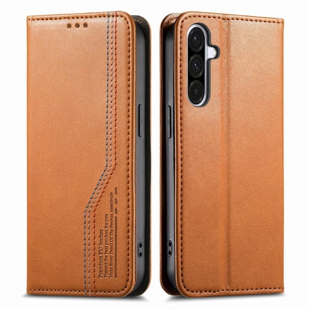 Funda tipo cartera para Samsung Galaxy A37 de piel con cierre magnético, ranuras para tarjetas y correa para la muñeca Marrón