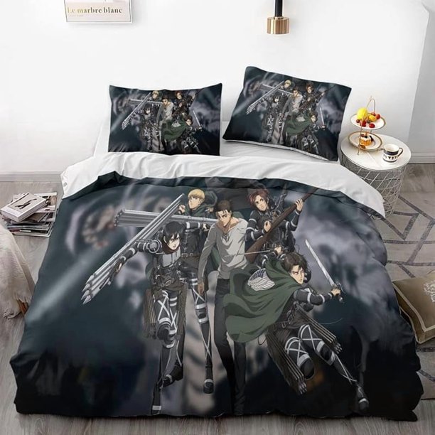 At-tack -on Gia-nt Anime Soft- -3D Prin-ted Du-vet Cove-r Bedding Se-t with Comforte-r Cover 3- Piece Set