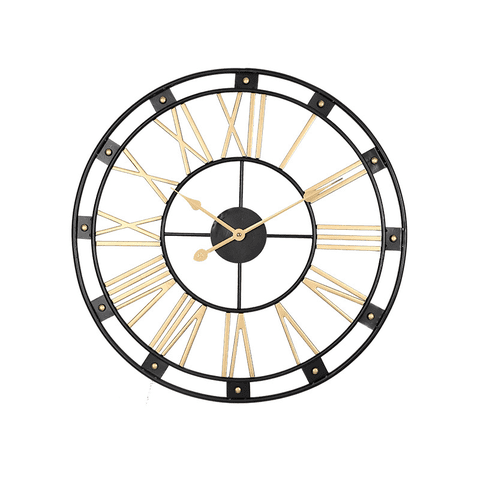 Hogarly - Reloj Mural Retro De Cuarzo Metálico Dorado Y Negro 60 Cm