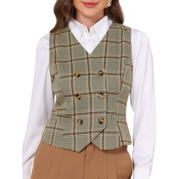 INSPIRE CHIC Chaleco de traje a cuadros para mujer sin mangas de pata de gallo Chaleco de cuello en V con doble botonadura S Caqui Marrón