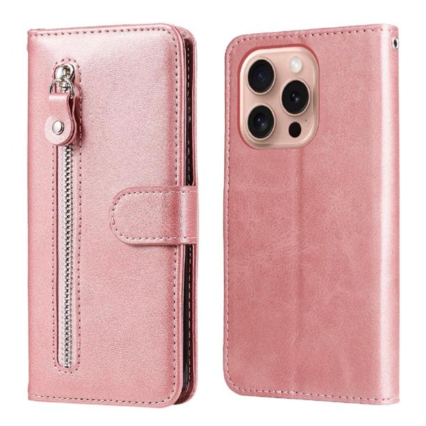 Funda tipo cartera para iPhone 16 Pro con bolsillo con cremallera y ranuras para tarjetas – Función de soporte Rosa