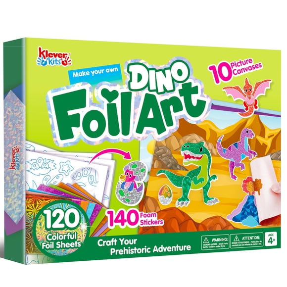 Kit de arte de aluminio Klever Kits Dinosaur con 120 hojas de aluminio y 140 pegatinas