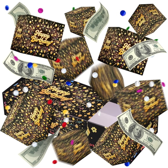 Caja de regalo con diseño de vaca y explosión de dinero y confeti pop‑up