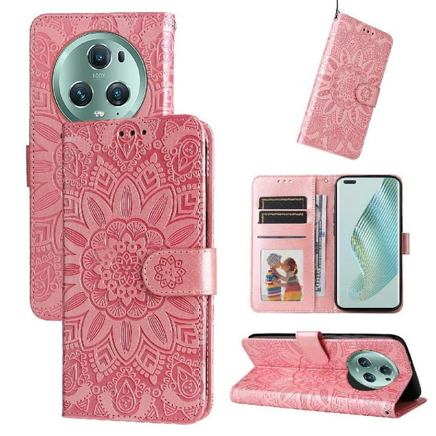 Funda tipo cartera FOXDOCK para Honor Magic 5 Pro , diseño girasol en relieve, cuero PU, cierre magnético, soporte y tarjetero